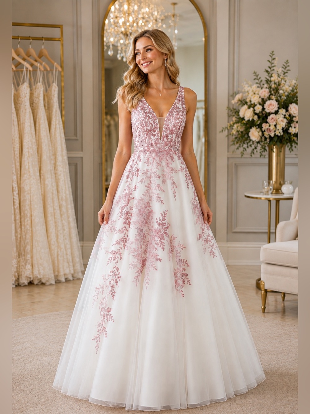 Camille La Vie White Pink Floral Lace Formal Gown Size 12P